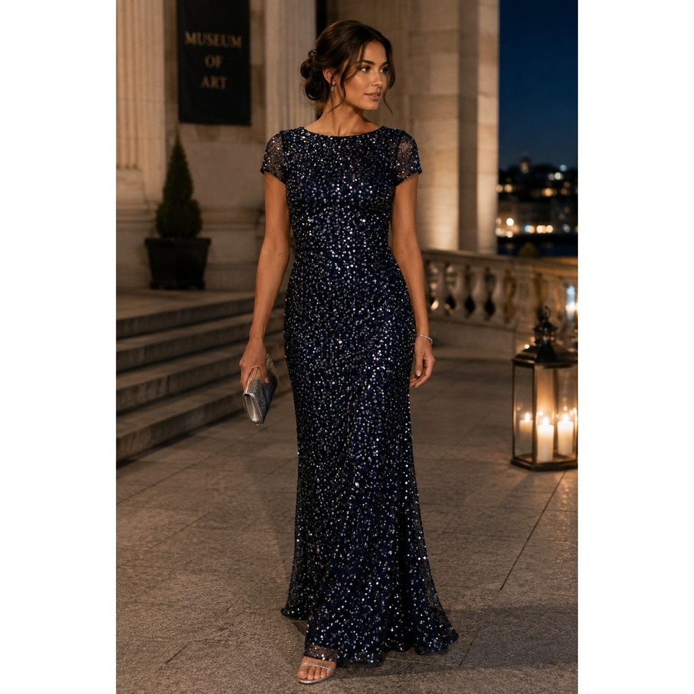 Adrianna Papell Midnight Navy Sequin Evening Gown Boat Neck Formal Dress 2P